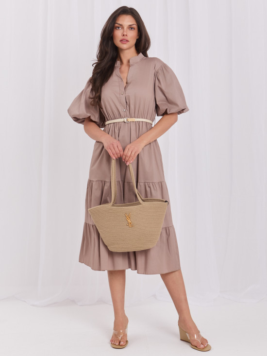 Braunes ausgestelltes Midi-Kleid mit Gürtel und Volant