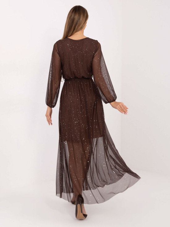Braunes Maxi-Kleid mit Applikation und Gürtel
