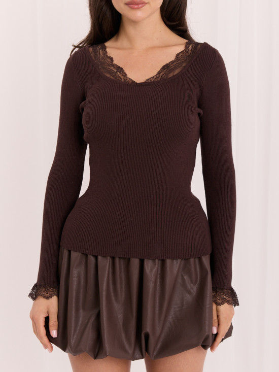 Eleganter brauner Pullover mit Spitze