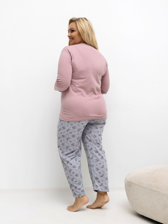 Damen-Pyjama mit Blumen- und Punktmuster, langarm, rosa
