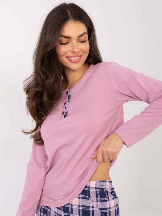 Damen-Pyjama mit langen Ärmeln in Rosa mit Karomuster