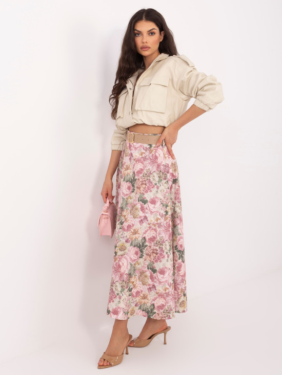 Eleganter Midirock mit Blumenmuster und Gürtel, rosa