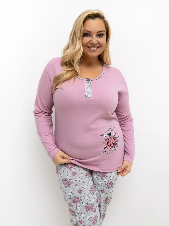 Damen-Pyjama mit Blumenmuster, langarm, rosa