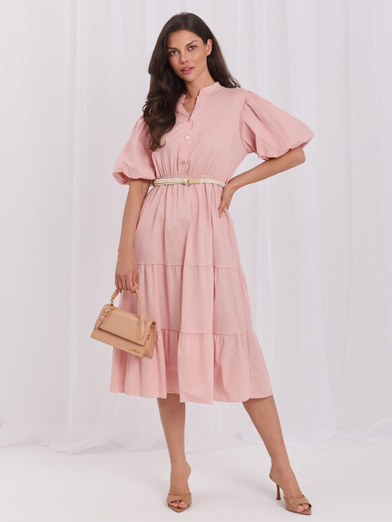 Oranges ausgestelltes Midi-Kleid mit Gürtel und Volant