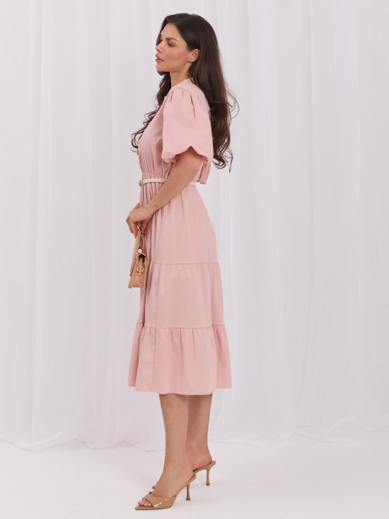 Oranges ausgestelltes Midi-Kleid mit Gürtel und Volant