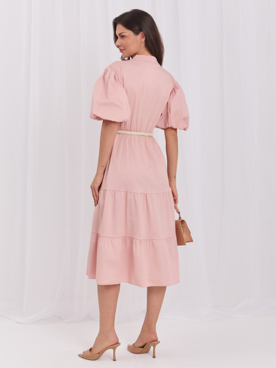 Oranges ausgestelltes Midi-Kleid mit Gürtel und Volant