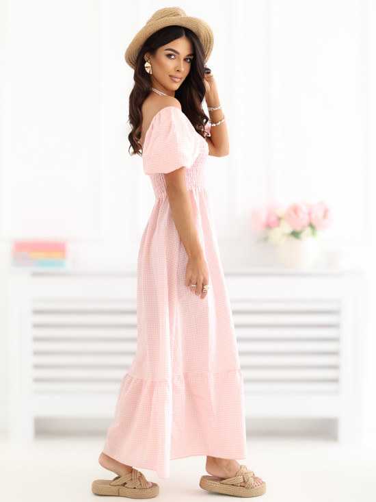 Oranges Midi-Kleid mit Volant und Karomuster