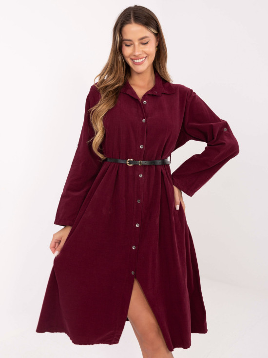 Bordeauxfarbenes Hemdblusenkleid in Midi-Länge mit Gürtel