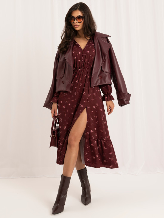 Bordeauxfarbenes Midi-Kleid mit Blumenmuster und Volant