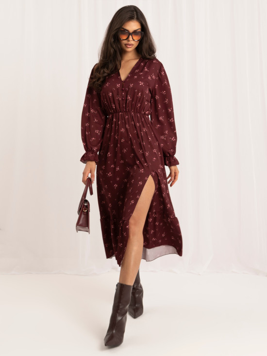 Bordeauxfarbenes Midi-Kleid mit Blumenmuster und Volant