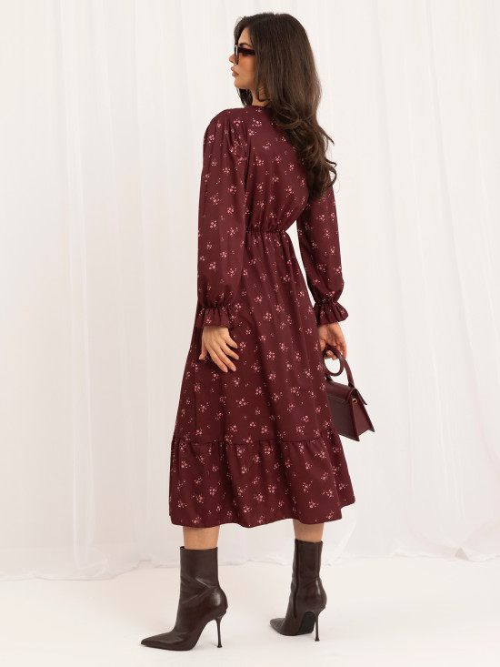 Bordeauxfarbenes Midi-Kleid mit Blumenmuster und Volant