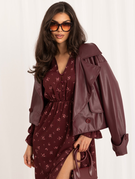 Bordeauxfarbenes Midi-Kleid mit Blumenmuster und Volant