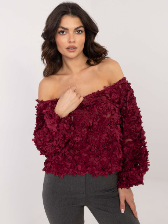 Elegante bordeauxrote Bluse mit Carmen-Ausschnitt