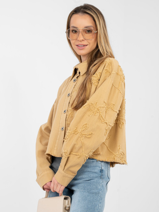 Kurze braune Jeansjacke mit Blumenapplikation