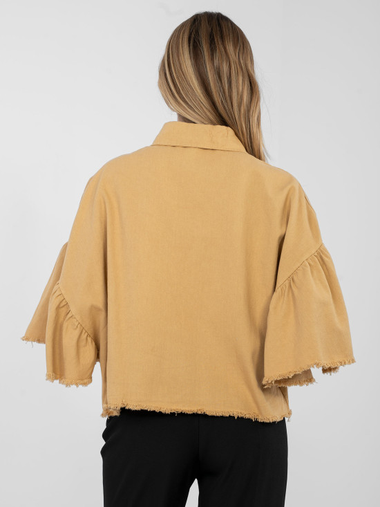 Kurze braune Baumwolljacke mit Volant und 3/4-Ärmeln