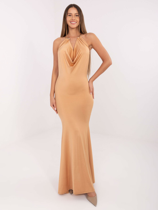 Elegantes Maxi-Kleid in Braun mit Wasserfallausschnitt