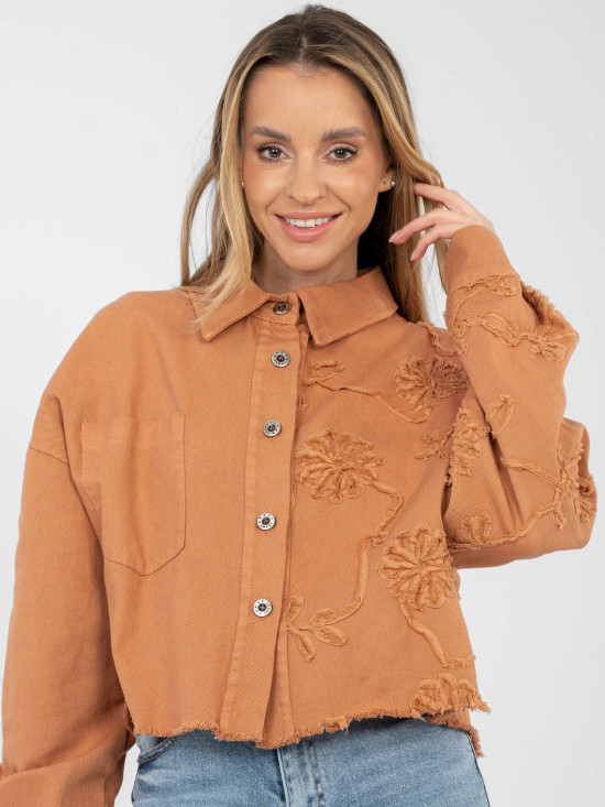 Kurze orangefarbene Jeansjacke mit Blumenapplikation