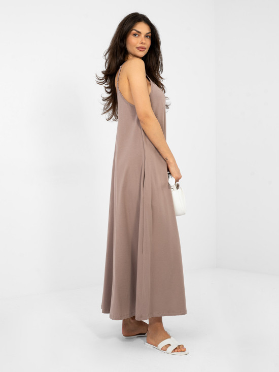 Beiges Maxi-Kleid mit V-Ausschnitt und Taschen