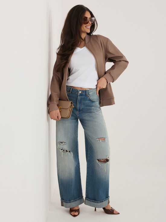 Beige Übergangsjacke aus Kunstleder mit Stehkragen