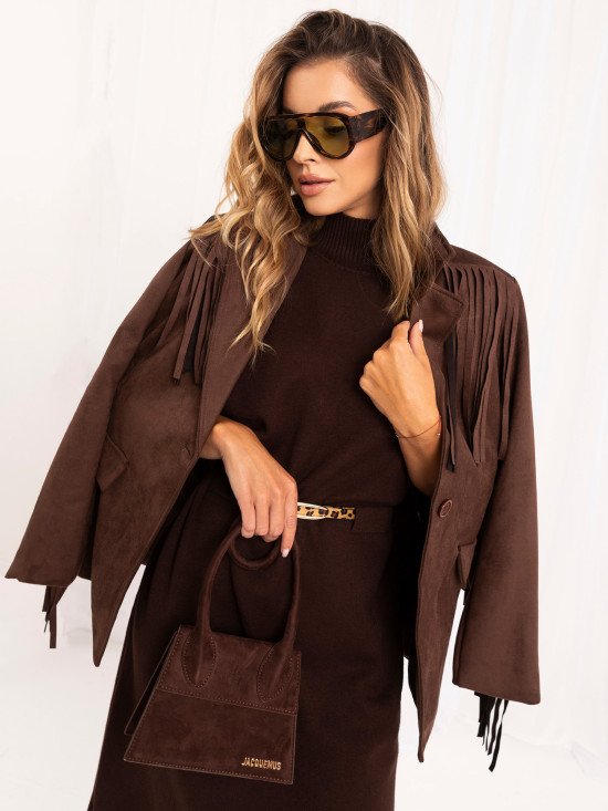Braunes Oversize-Strickkleid mit Gürtel und Rollkragen