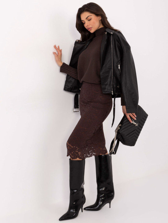 Eleganter Midi-Rock mit Spitze und Futter, braun