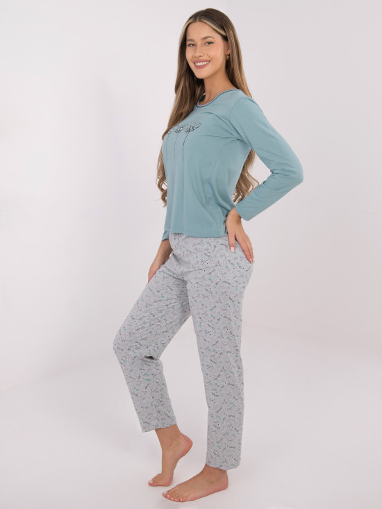 Damen Baumwoll-Pyjama mit Print, mintgrün