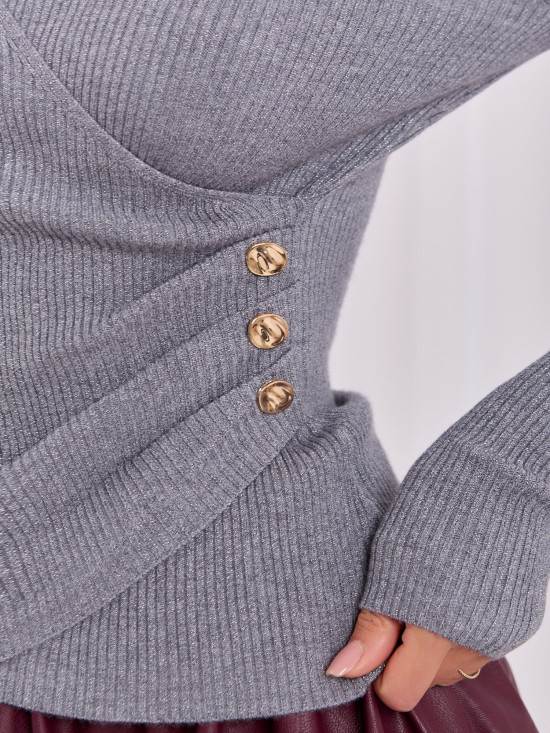 Eleganter grauer Pullover mit Wickelausschnitt