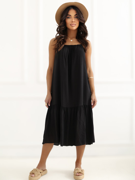 Schwarzes ausgestelltes Midi-Kleid mit Volant