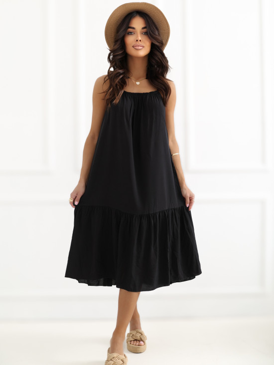 Schwarzes ausgestelltes Midi-Kleid mit Volant