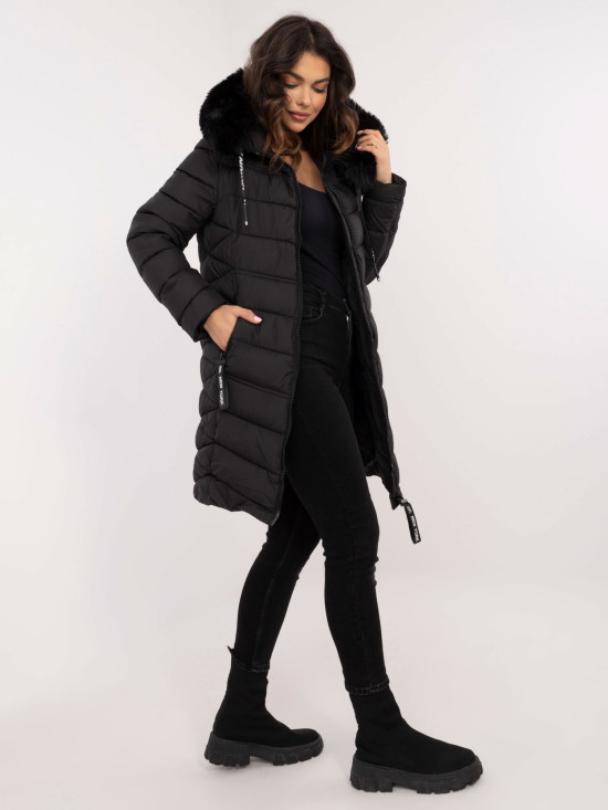 Schwarze gesteppte Winterjacke mit Kapuze