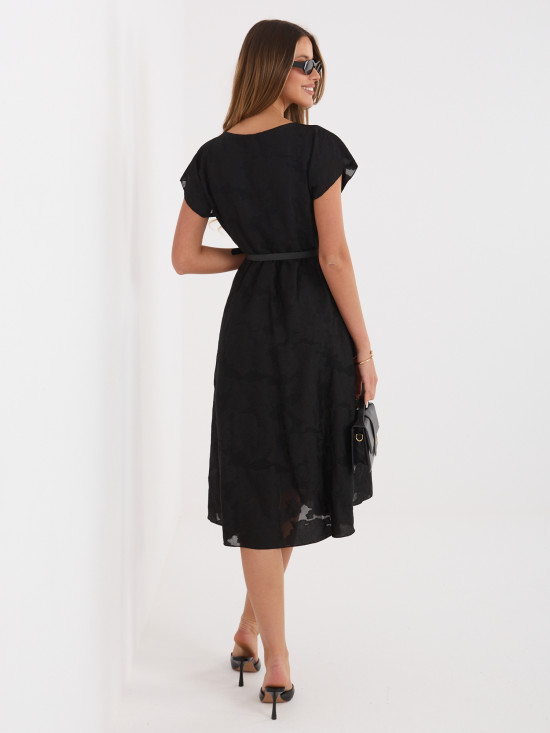 Schwarzes ausgestelltes Midi-Kleid mit Gürtel