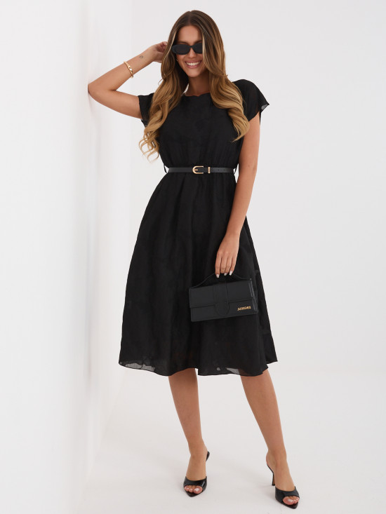 Schwarzes ausgestelltes Midi-Kleid mit Gürtel