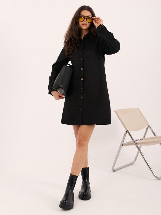 Schwarzes Hemdblusenkleid mit langen Ärmeln, Mini