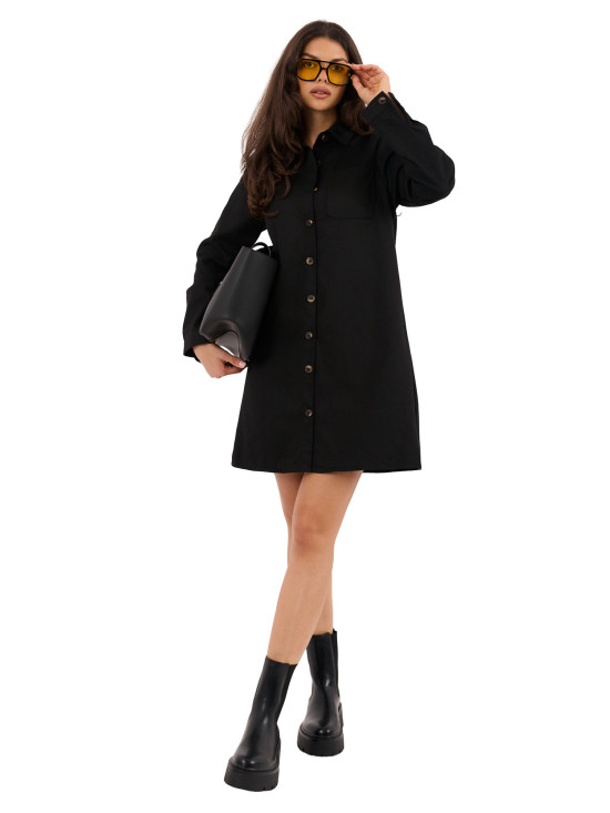 Schwarzes Hemdblusenkleid mit langen Ärmeln, Mini