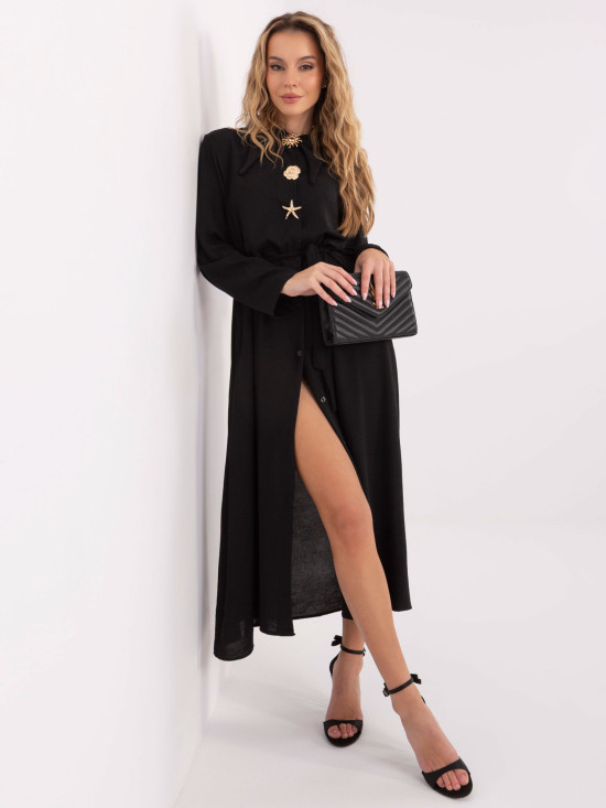 Schwarzes ausgestelltes Midi-Kleid mit Gürtel und Brosche