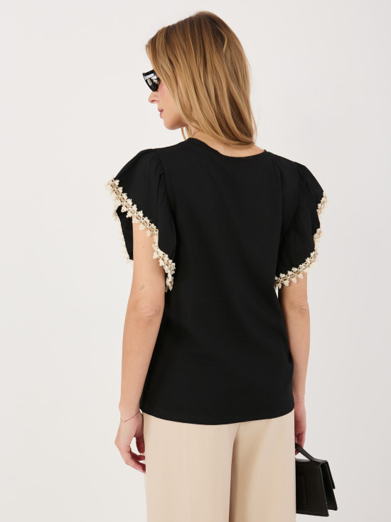 Schwarze Baumwollbluse mit Applikation