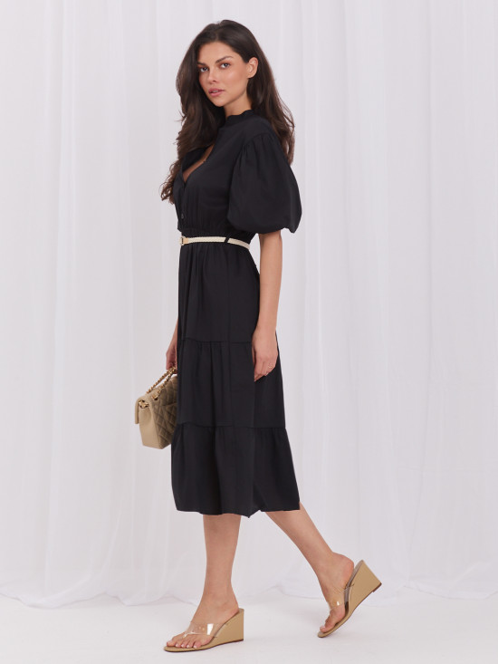 Schwarzes ausgestelltes Midi-Kleid mit Gürtel und Volant