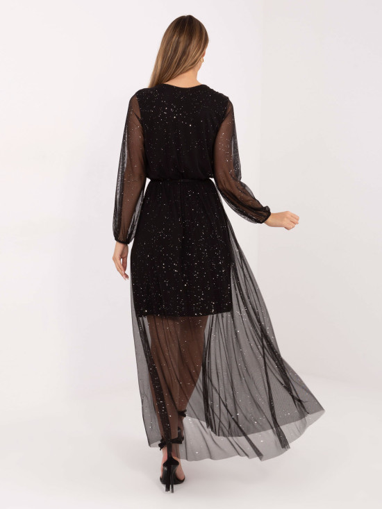 Schwarzes Maxi-Kleid mit Applikation und Gürtel