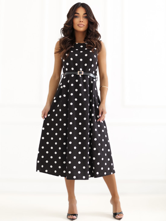 Schwarzes Midi-Kleid mit Punkten und Gürtel