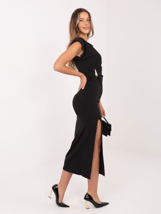 Schwarzes Midi-Kleid mit Rundhalsausschnitt und Raffungen