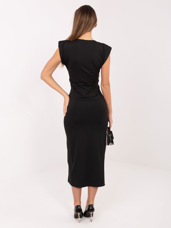 Schwarzes Midi-Kleid mit Rundhalsausschnitt und Raffungen