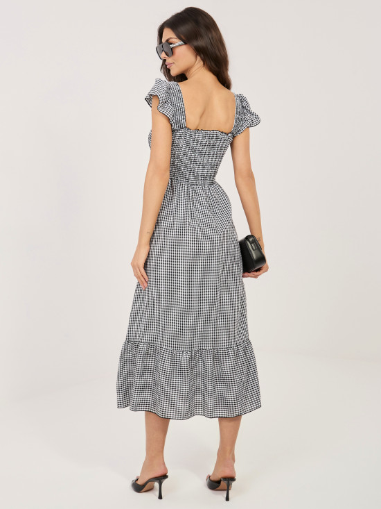 Schwarzes Midi-Kleid mit Volant und Karomuster