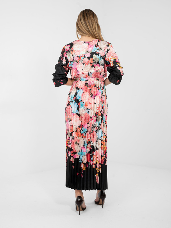Schwarzes Maxi-Kleid mit Blumenmuster und Gürtel