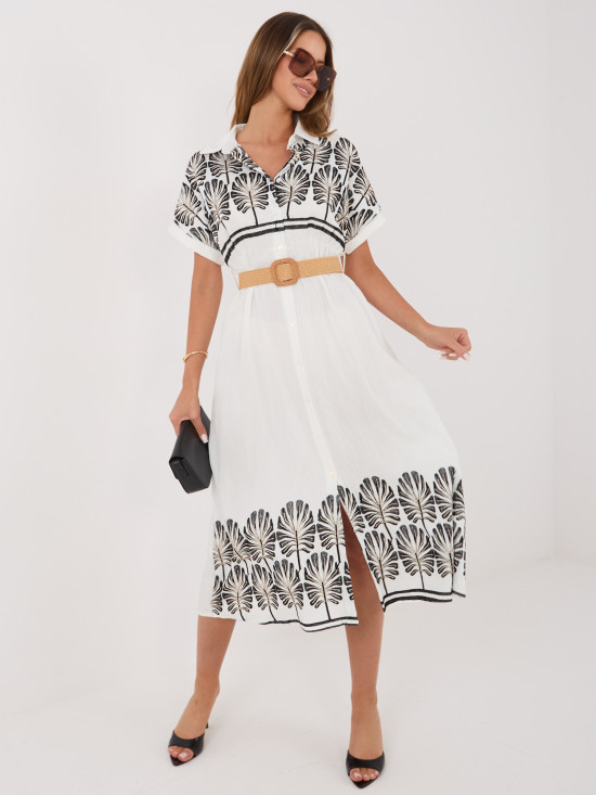 Weiß-schwarzes Hemdblusenkleid mit Stickerei und Gürtel, midi