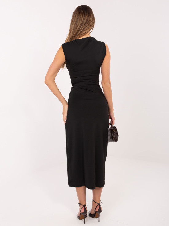 Elegantes schwarzes Midi-Kleid mit Wasserfallausschnitt