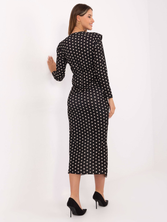 Schwarzes Midi-Etuikleid mit Punkten und Wickelausschnitt