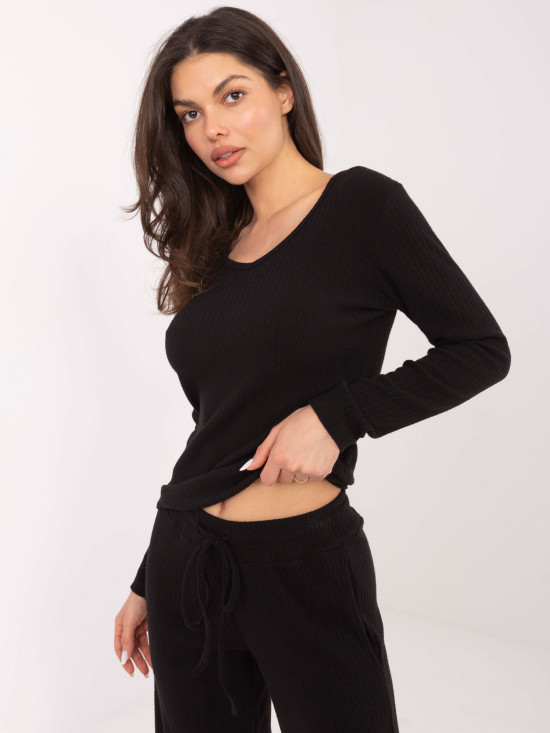 Schwarze, weite Rippstrick-Hose mit hohem Bund