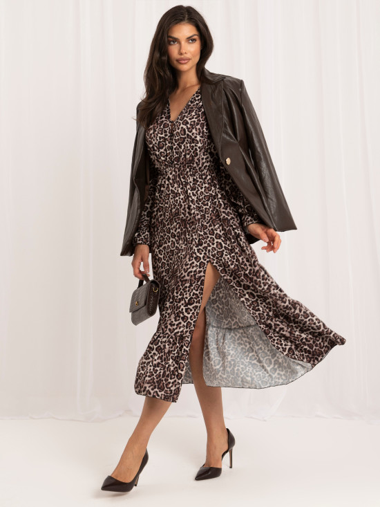 Schwarz-beiges Midikleid mit Volant und Animal-Print