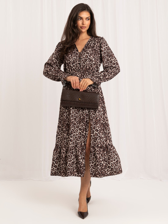 Schwarz-beiges Midikleid mit Volant und Animal-Print