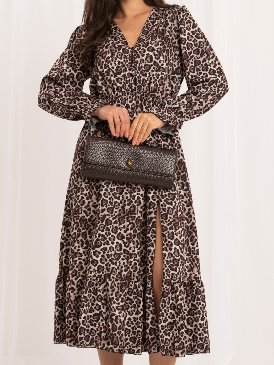 Schwarz-beiges Midikleid mit Volant und Animal-Print